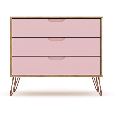 Manhattan Comfort Rockefeller Modern 3 Drawer Storage Dresser, Pink (Open Box)