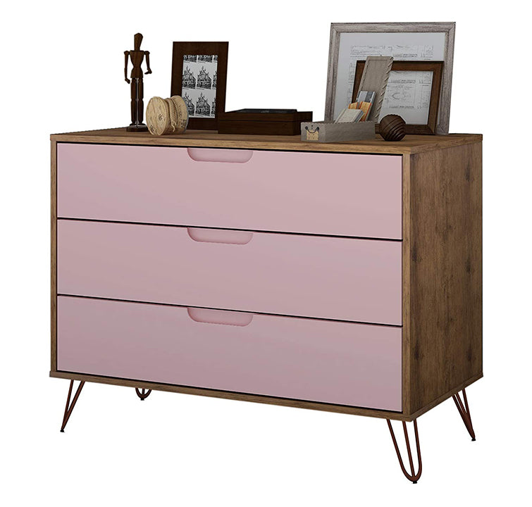 Manhattan Comfort Rockefeller Modern 3 Drawer Storage Dresser, Pink (Open Box)