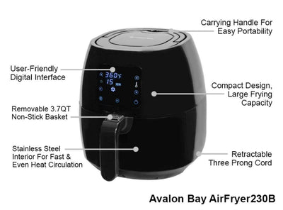 Avalon Bay Air Fryer Digital Display Stainless Steel Healthy Kitchen Appliance