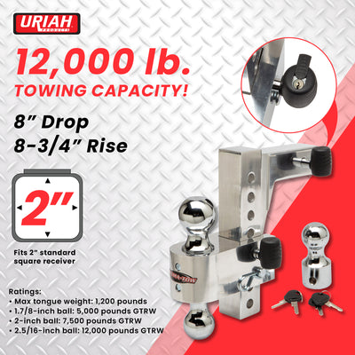 Uriah Products Adjustable Aluminum Hitch Mount with up to 8 Inch Rise and Drop - VMInnovations
