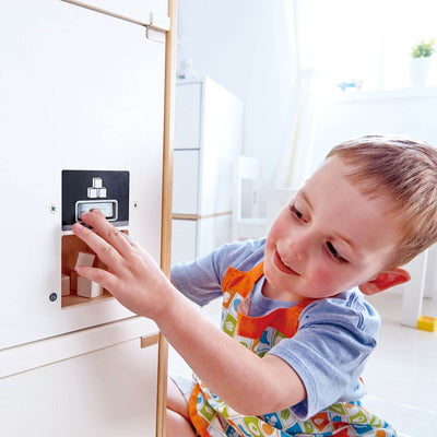 Hape Cabinet Style Wooden Fridge Freezer Play Kitchen w/ Ice Dispenser, White - VMInnovations