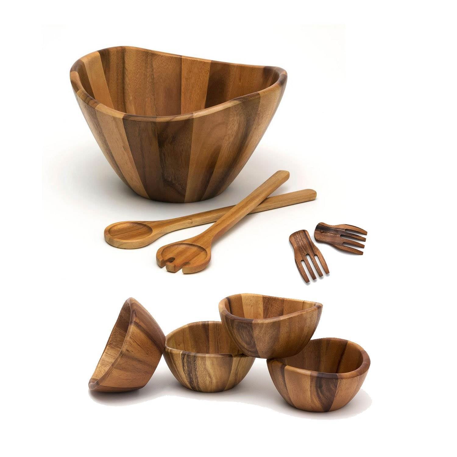 Lipper International Large Bowl, Servers, Pasta Hands & 4 Bowls Wooden Salad Set