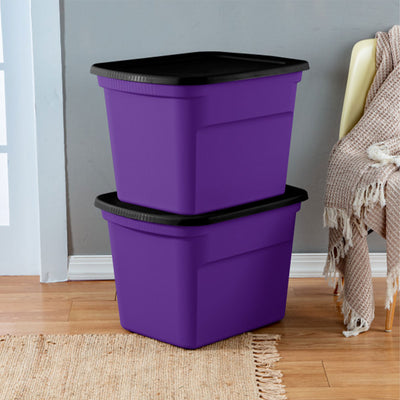 Sterilite 18 Gallon Storage Tote Stackable Plastic Bin with Lid, Purple, 16 Pack