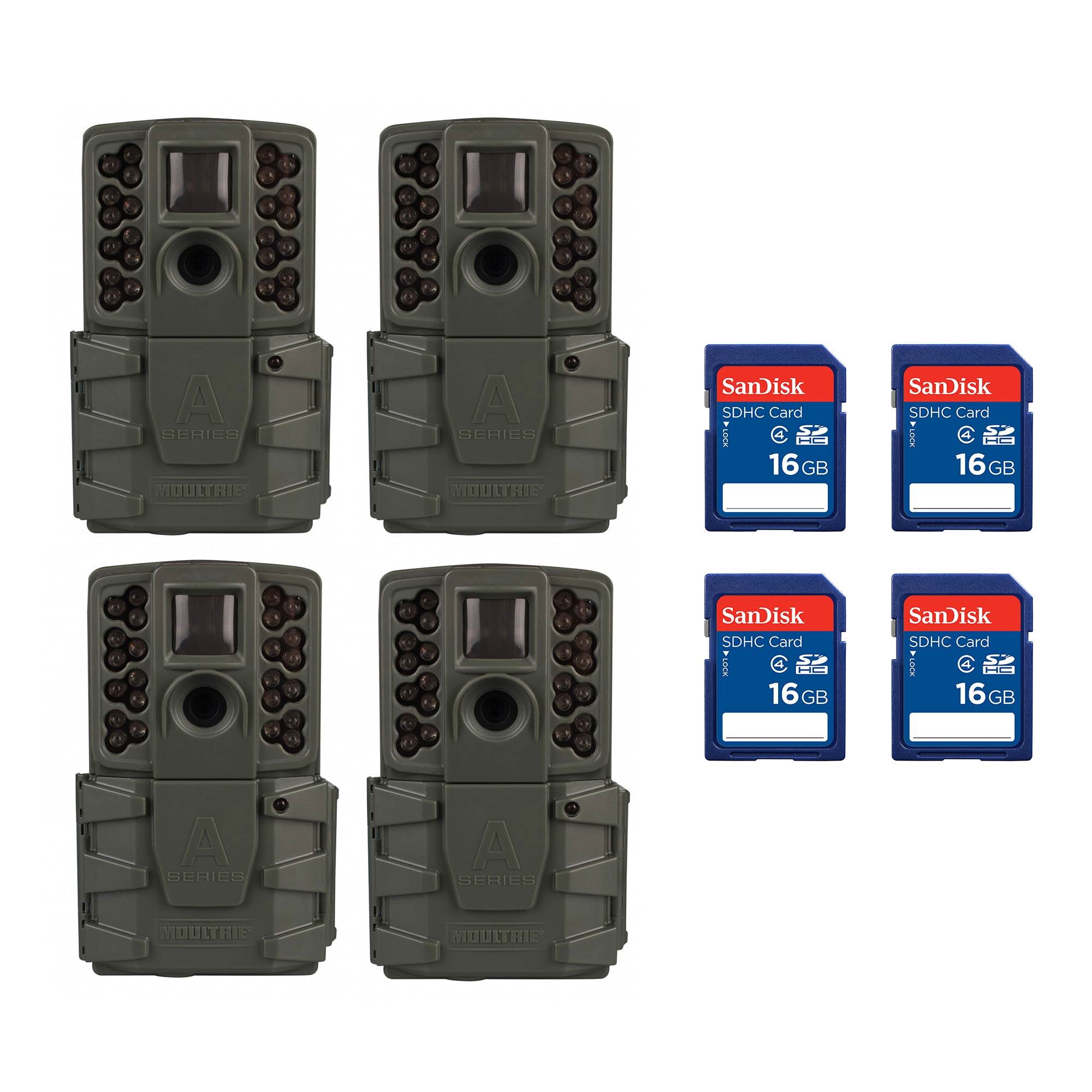 Moultrie A-25i 12MP Infrared Game Trail Cameras (4) + 16GB SD Memory Cards (4)