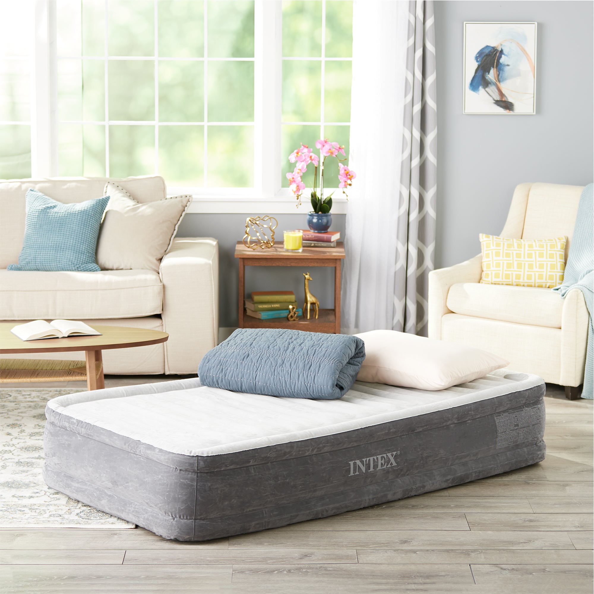 Intex PVC Dura-Beam Series Mid Rise Airbed with Built In Electric Pump, Twin
