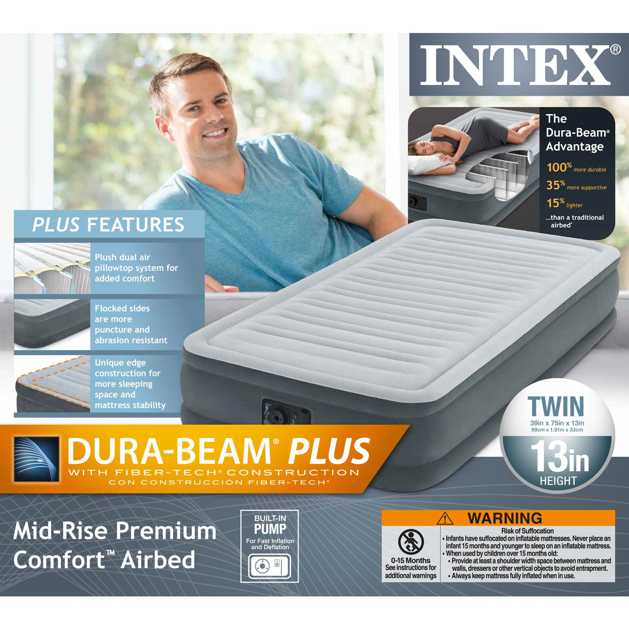 Intex PVC Dura-Beam Series Mid Rise Airbed with Built In Electric Pump, Twin