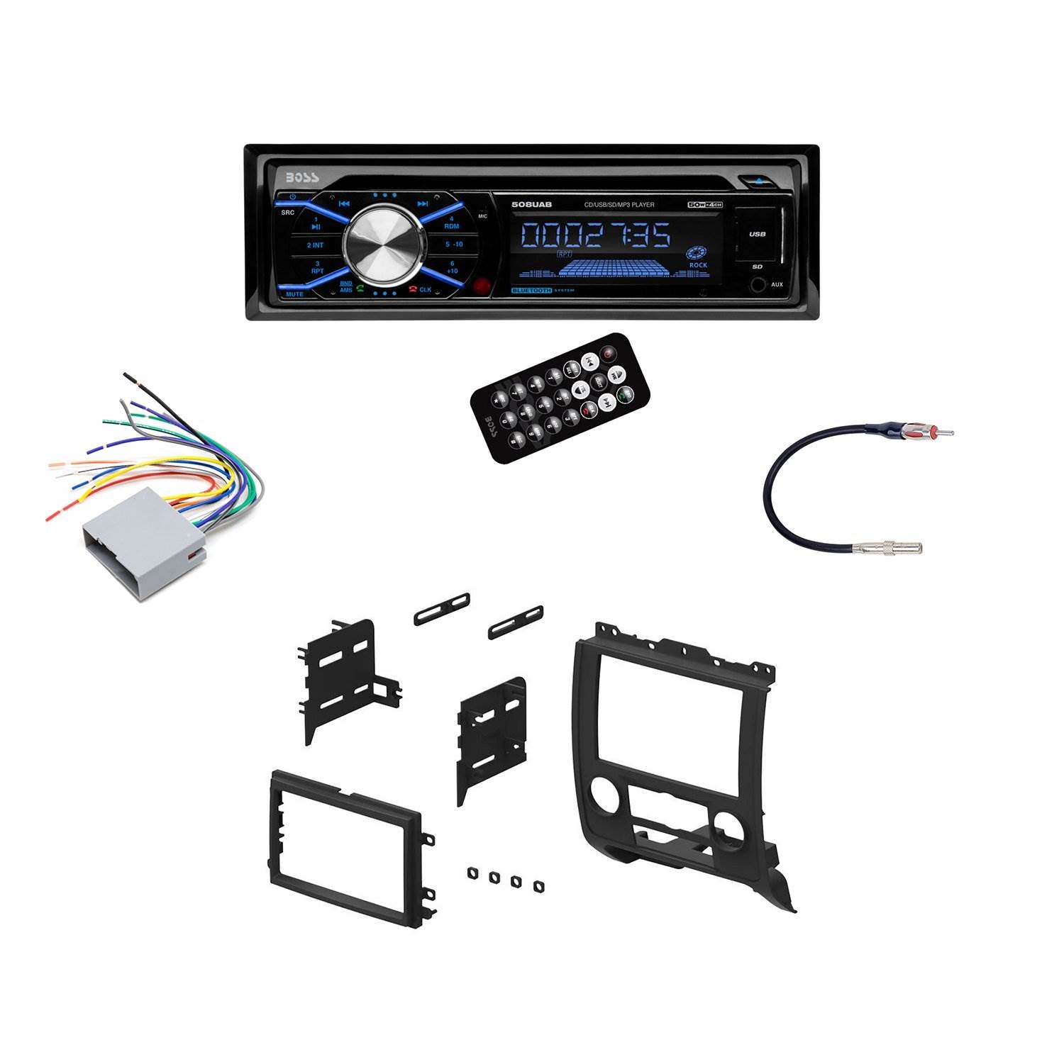 Boss In Dash Car Stereo Audio Receiver + Mounting Kit + Wire Harness + Adapter
