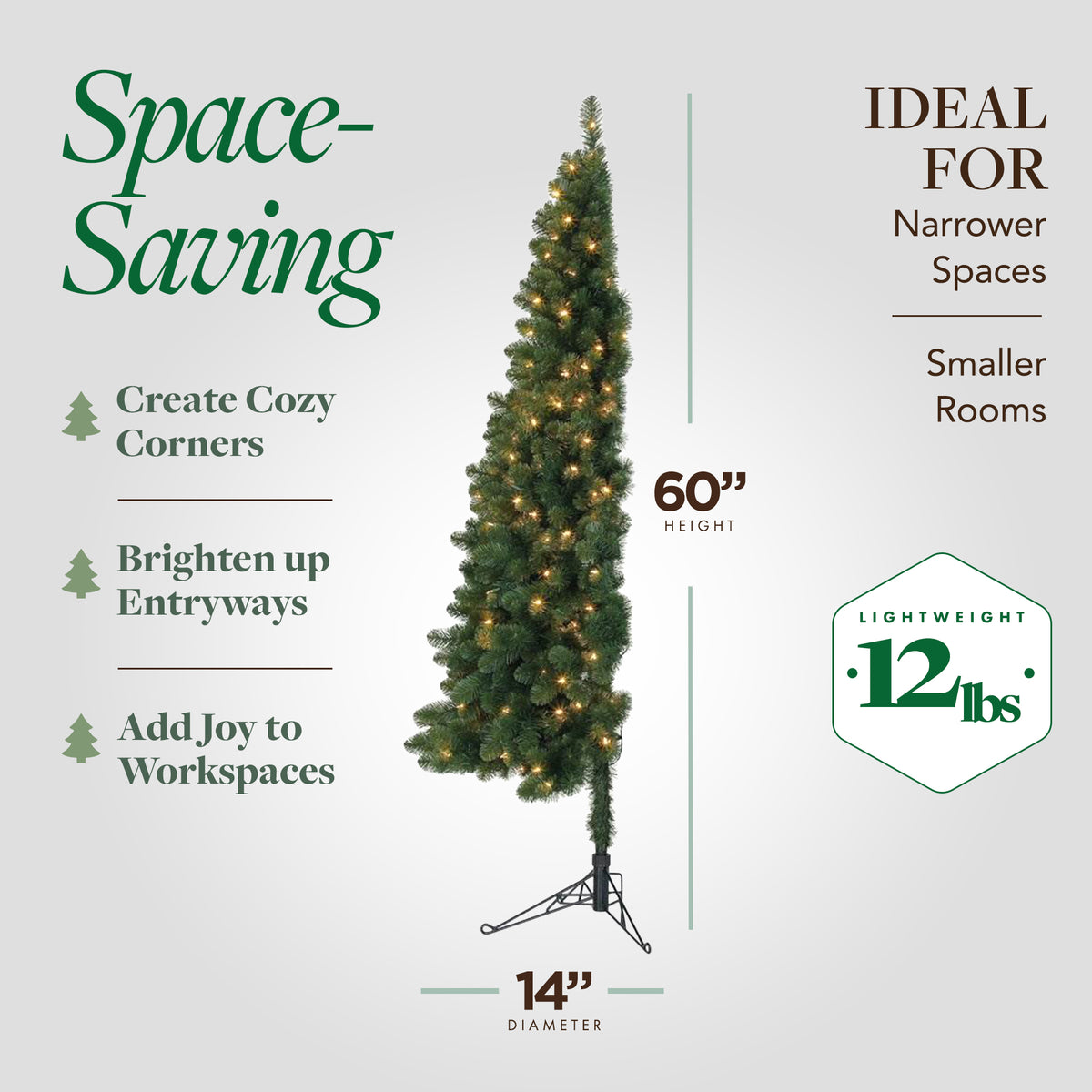 Home Heritage Half Pine 5' Pre-Lit Artificial Christmas Tree, 100 Warm White LED