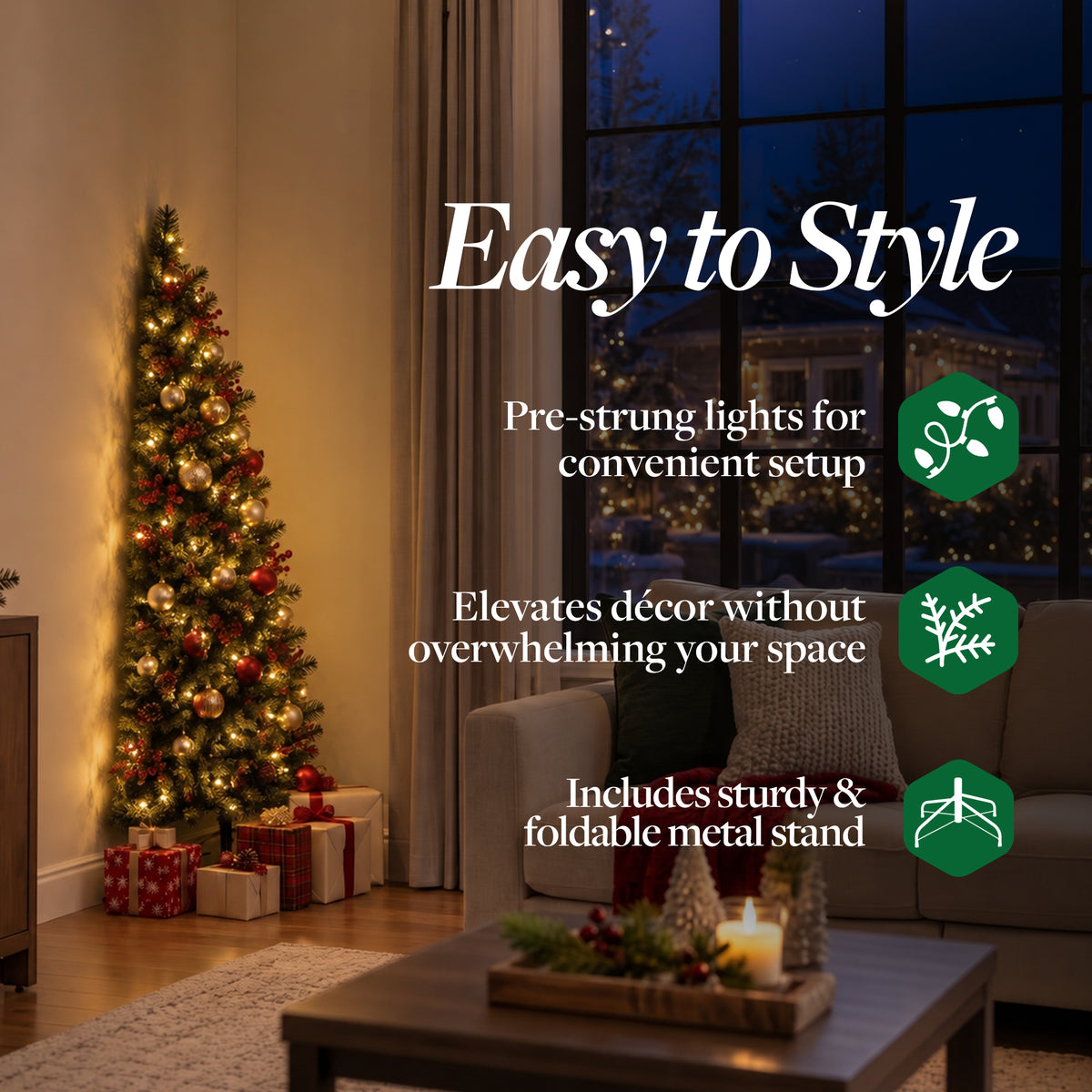Home Heritage Half Pine 5' Pre-Lit Artificial Christmas Tree, 100 Warm White LED