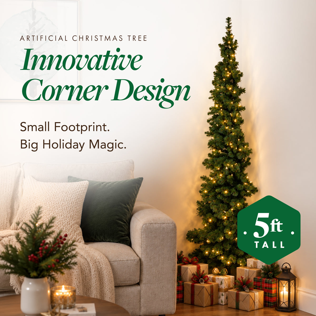 Home Heritage Corner 5 Foot 100 LED Pre-Lit Artificial Christmas Tree, Green - VMInnovations