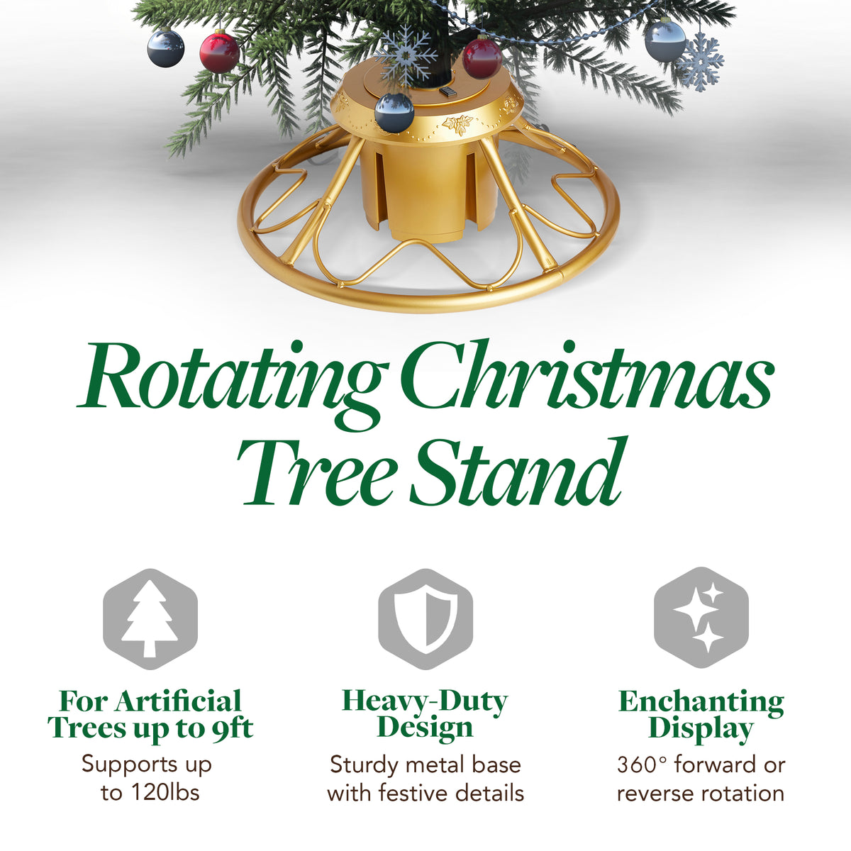 Home Heritage 1-1.75" Artificial Christmas Tree Base Rotating Metal Stand, Gold - VMInnovations
