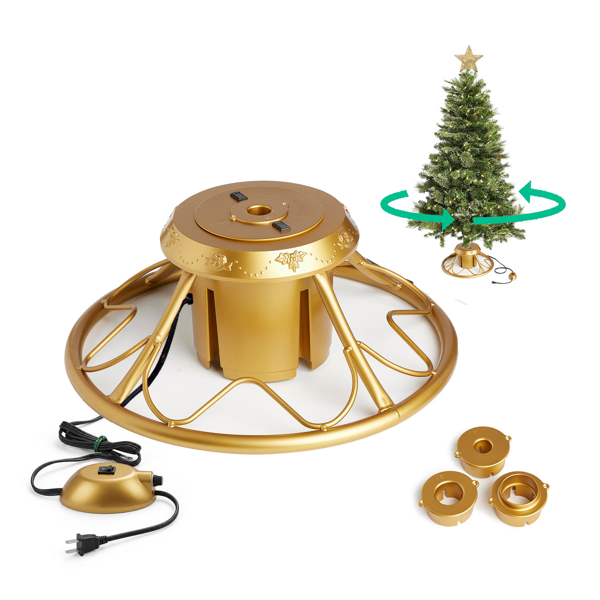 Home Heritage 1-1.75" Artificial Christmas Tree Base Rotating Metal Stand, Gold - VMInnovations