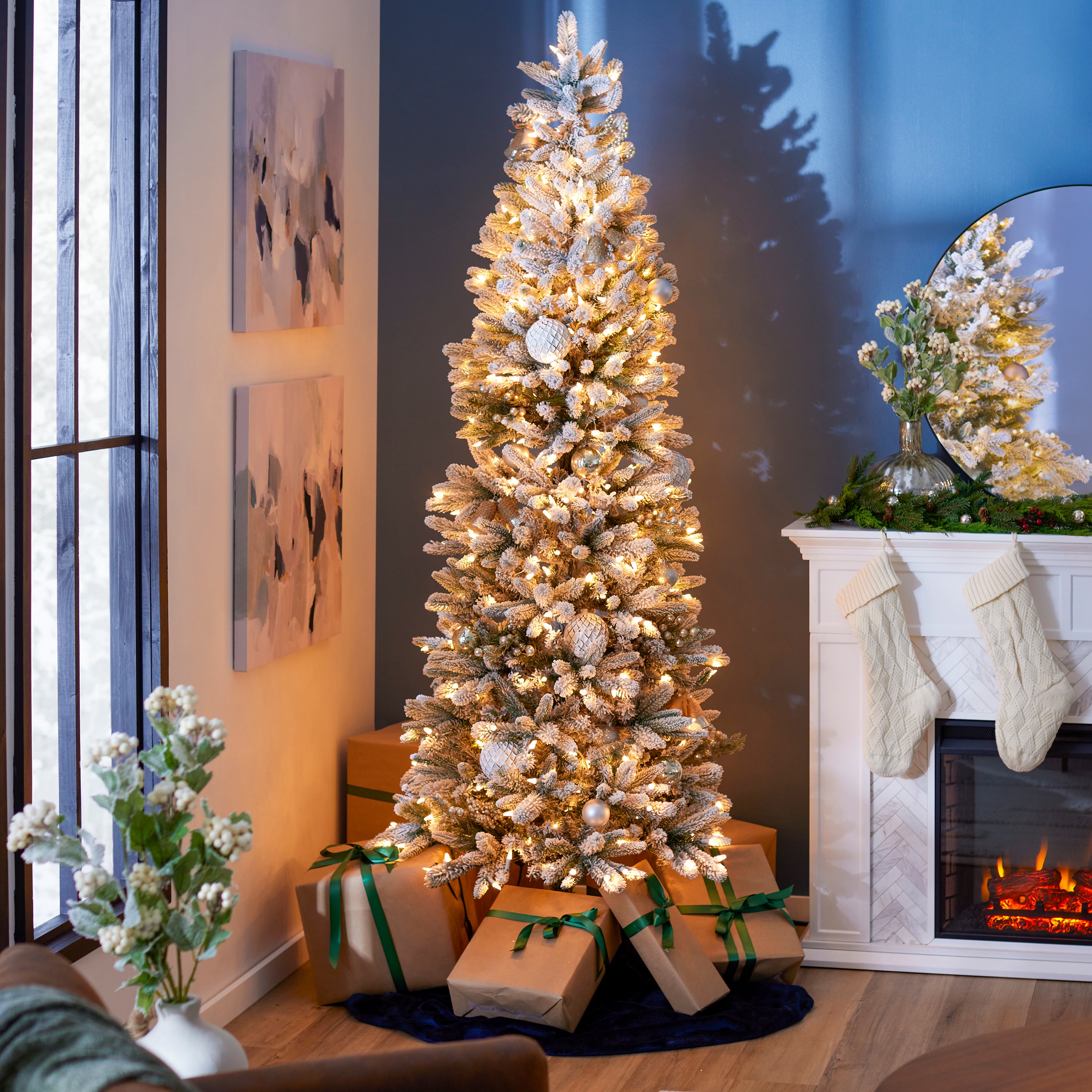 Home Heritage Anson 7' Flocked Slim 350 Clear Prelit Artificial Christmas Tree - VMInnovations