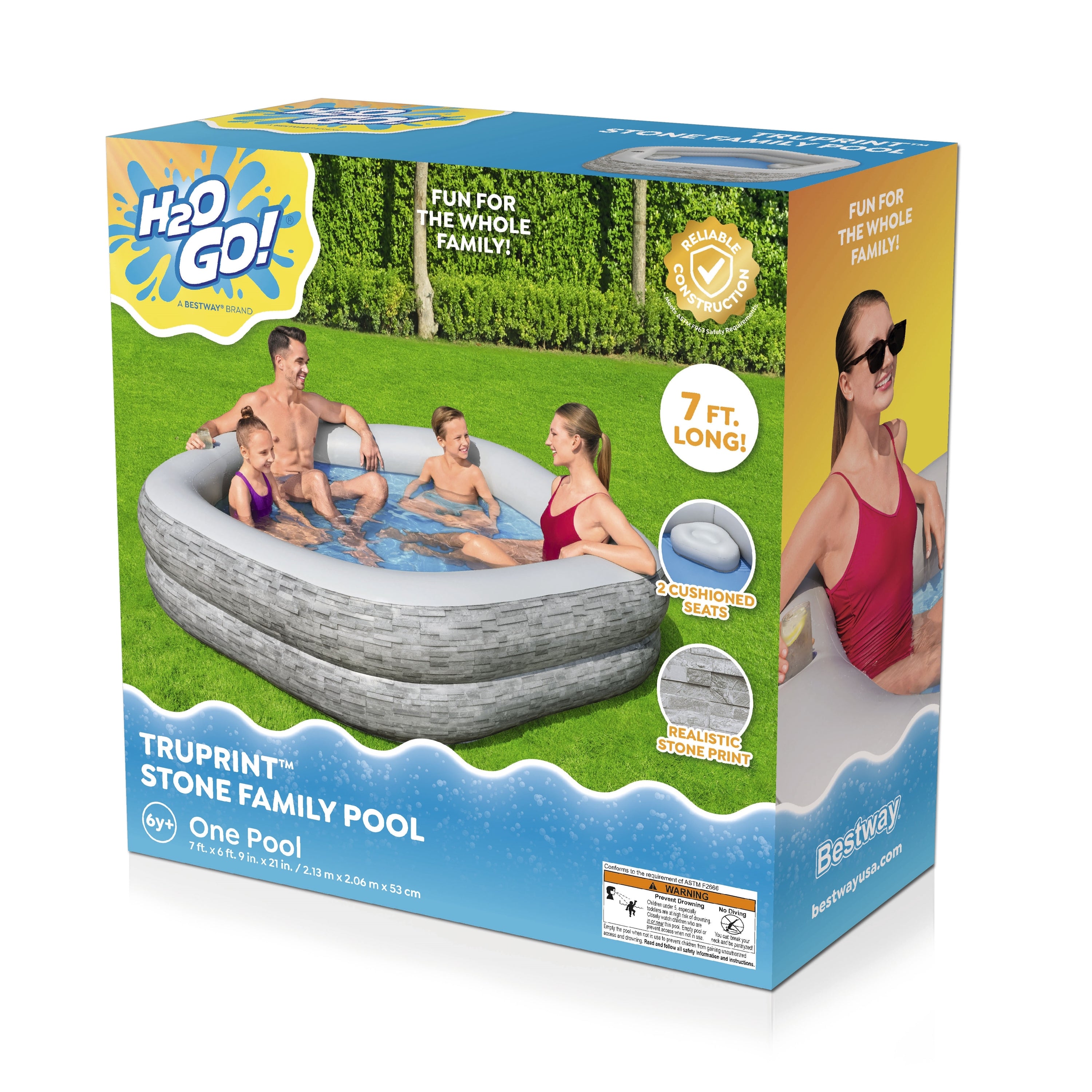 H20GO! TruPrint Stone Inflatable Kiddie Swimming Pool, 7' x 6'9" x 21", Gray