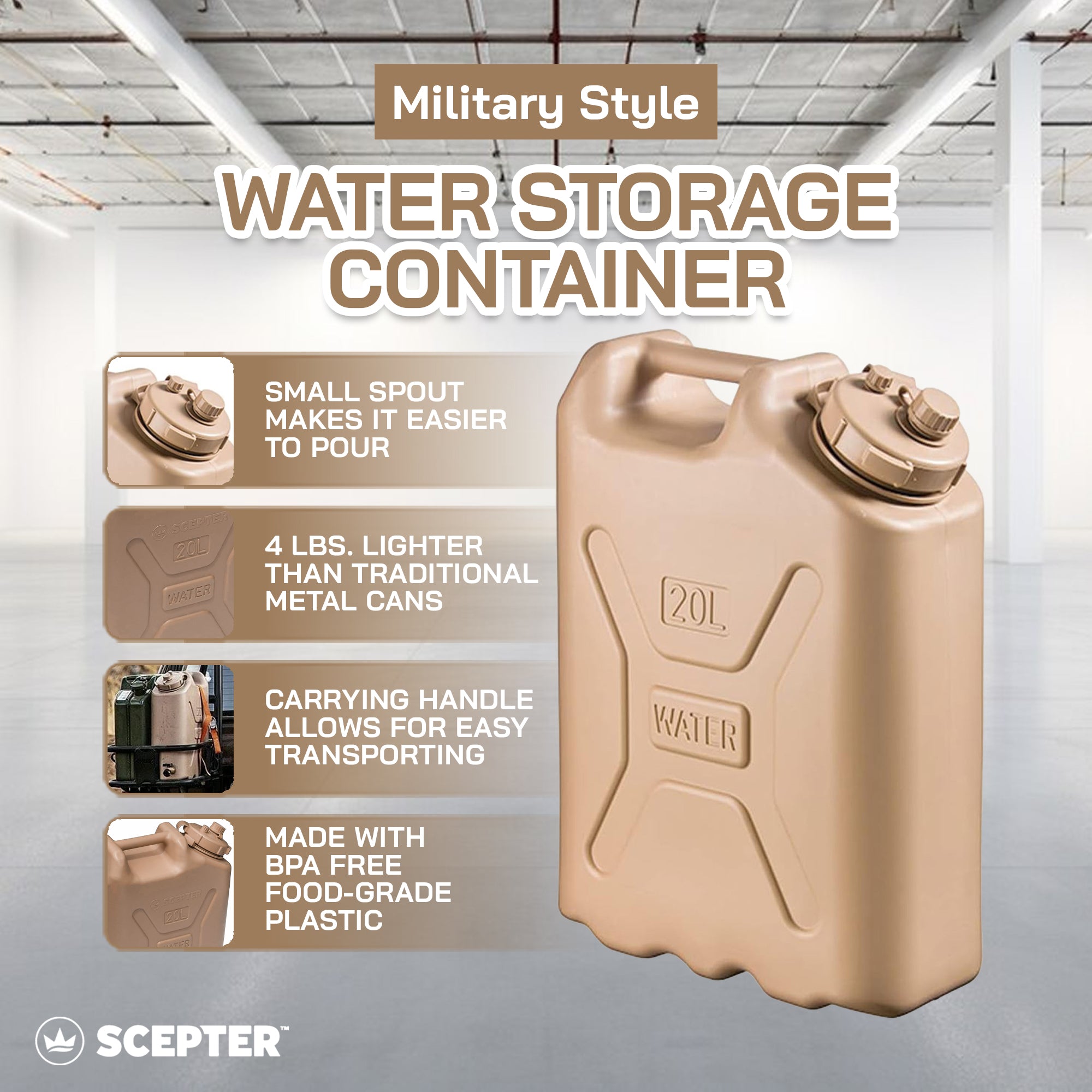 Scepter BPA 5 Gallon 20 Liter Portable Water Storage Container, Sand (Open Box)