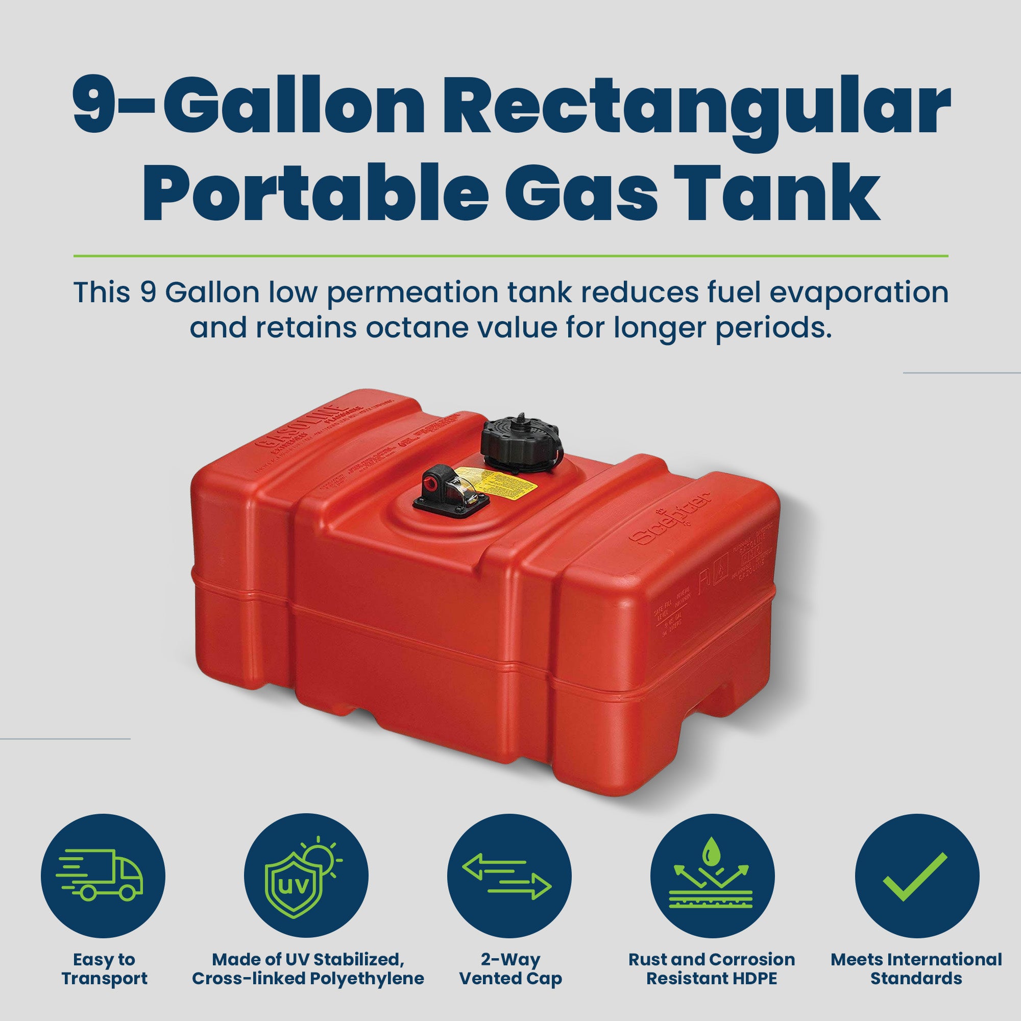 Scepter 9 Gallon Rectangular Portable Marine & Boat Fuel Container w/ Hard Cap - VMInnovations