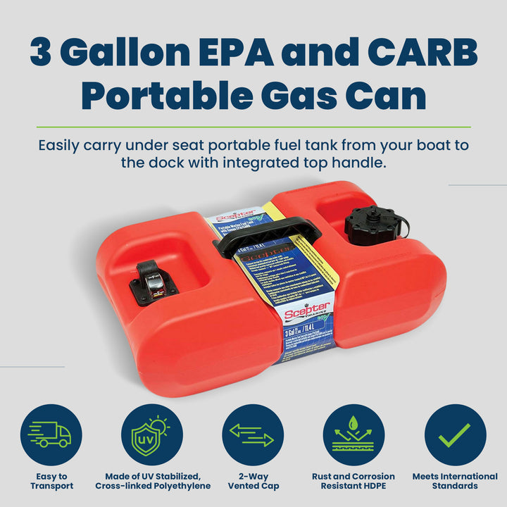 Scepter 3 Gallon EPA and CARB Certified Marine Portable Gas Can with Hard Cap