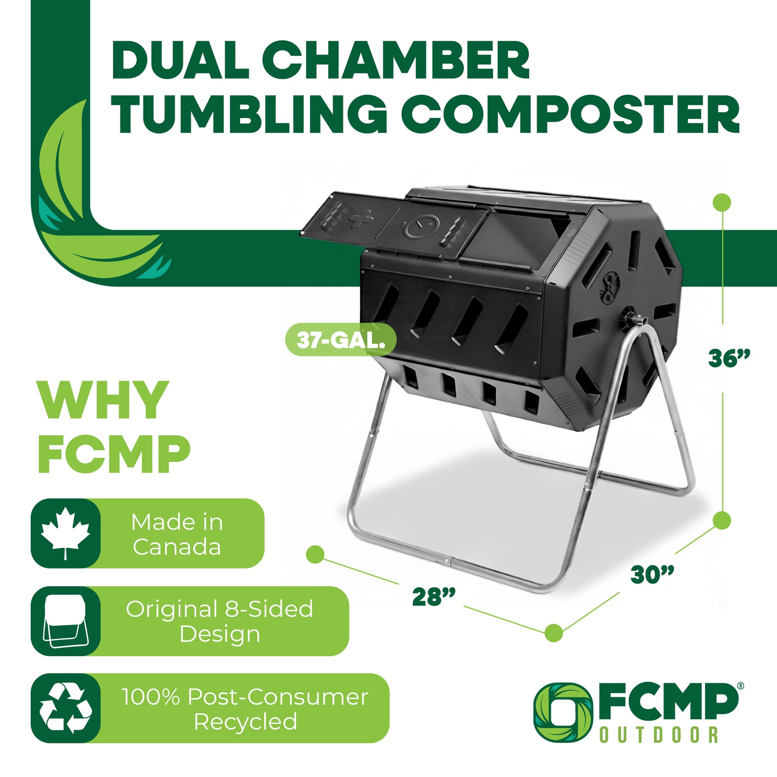 FCMP Outdoor 37 Gallon Dual Chamber Tumbling Composter Bin for Soil (Open Box) - VMInnovations