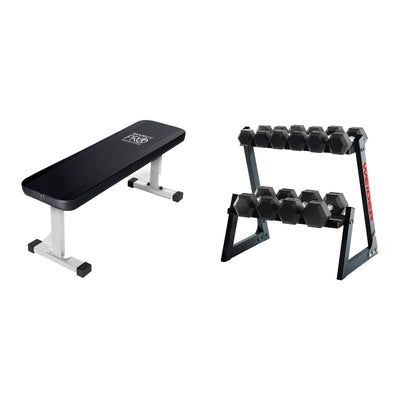 Weider Fitness 200 Pound Dumbbell Hex Weights Set w/ Rack & Flat Gym Bench