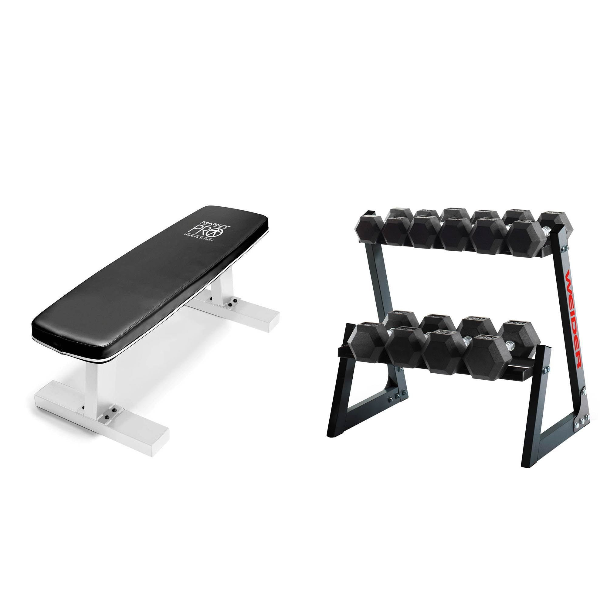 Weider Fitness 200 Pound Dumbbell Hex Weights Set w/ Rack & Marcy Flat Gym Bench