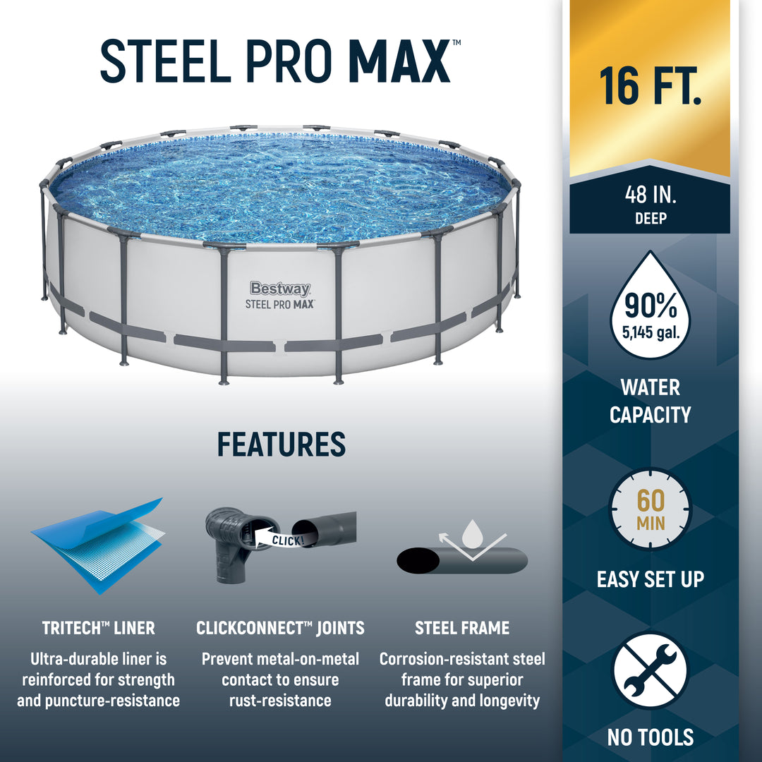 Bestway Steel Pro MAX 16'x48" Round Above Ground Swimming Pool with Pump & Cover