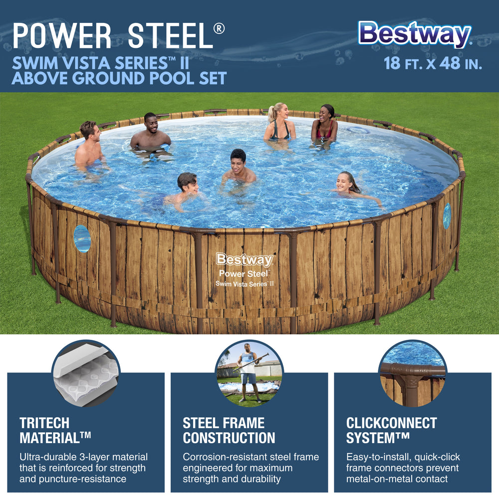 Bestway Power Steel Swim Vista 18' x 48" Round Above Ground Swimming Pool Set - VMInnovations