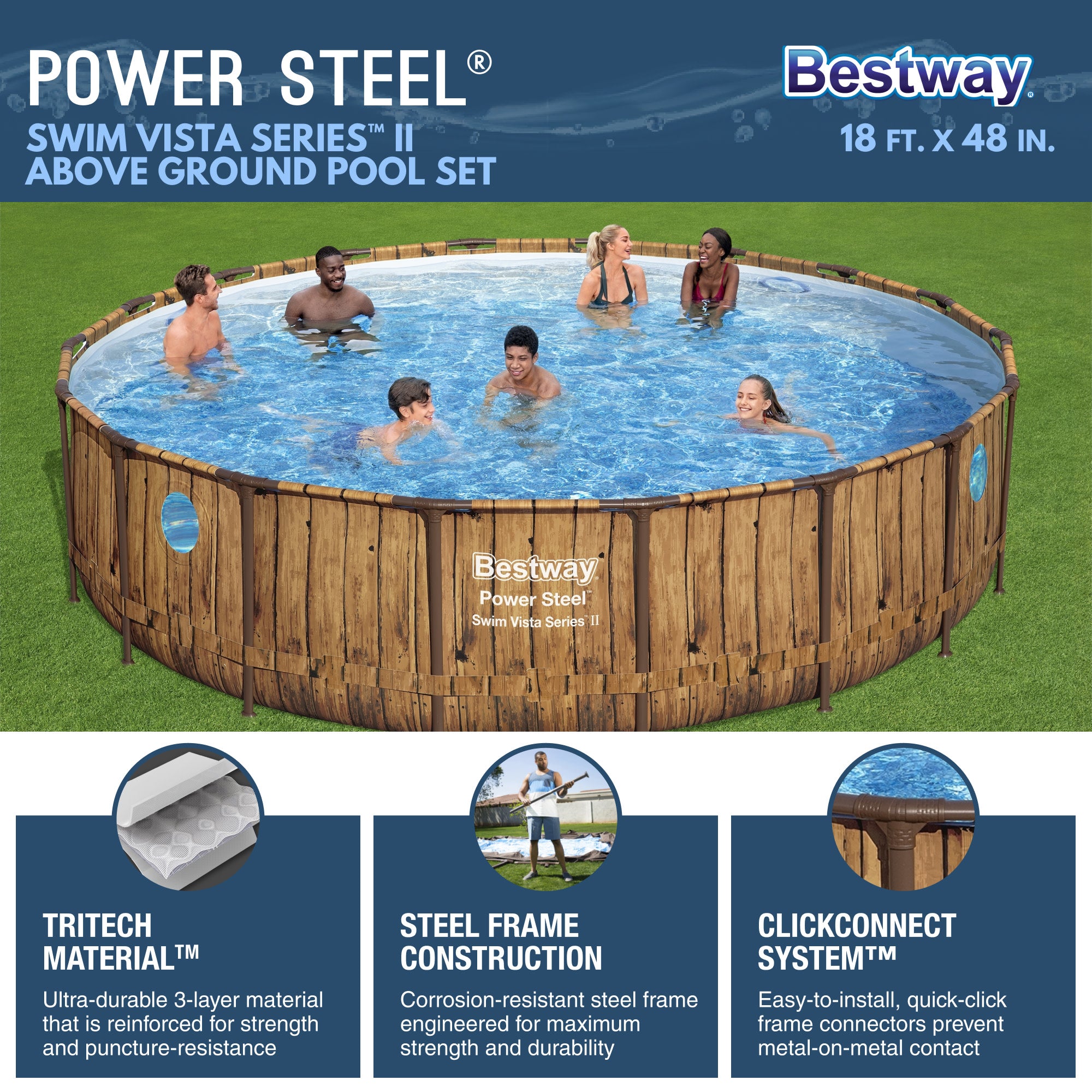 Bestway Power Steel Swim Vista 18' x 48" Round Above Ground Swimming Pool(Used) - VMInnovations