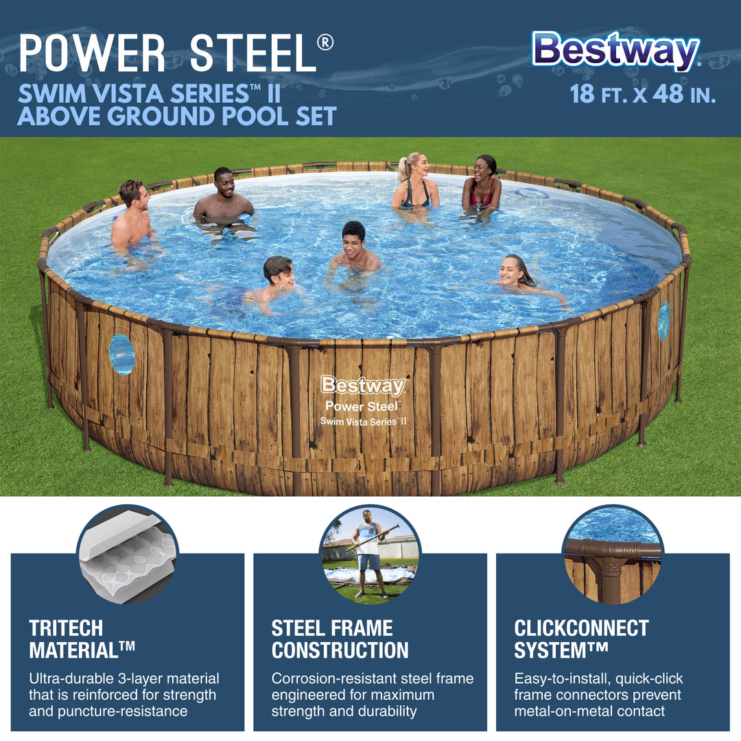 Bestway Power Steel Swim Vista 18' x 48" Round Above Ground Swimming Pool Set