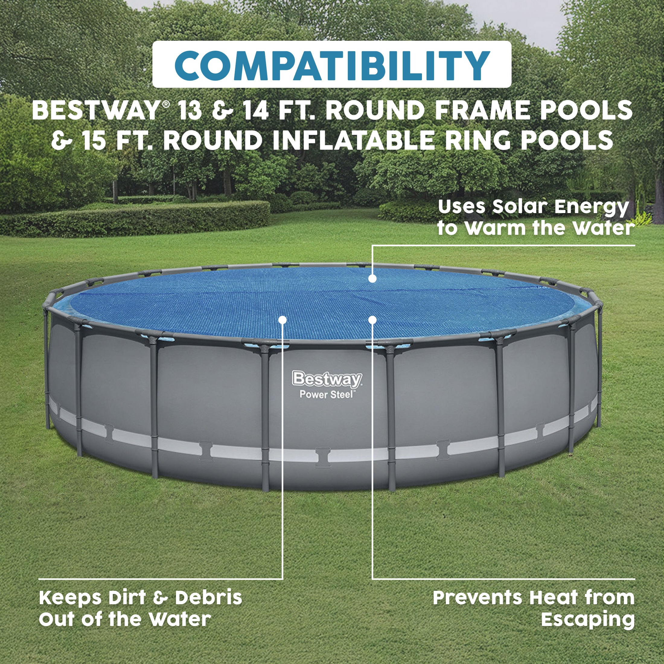 Bestway Flowclear 14 Feet Round Above Ground Pool Solar Pool Cover Only, Blue - VMInnovations