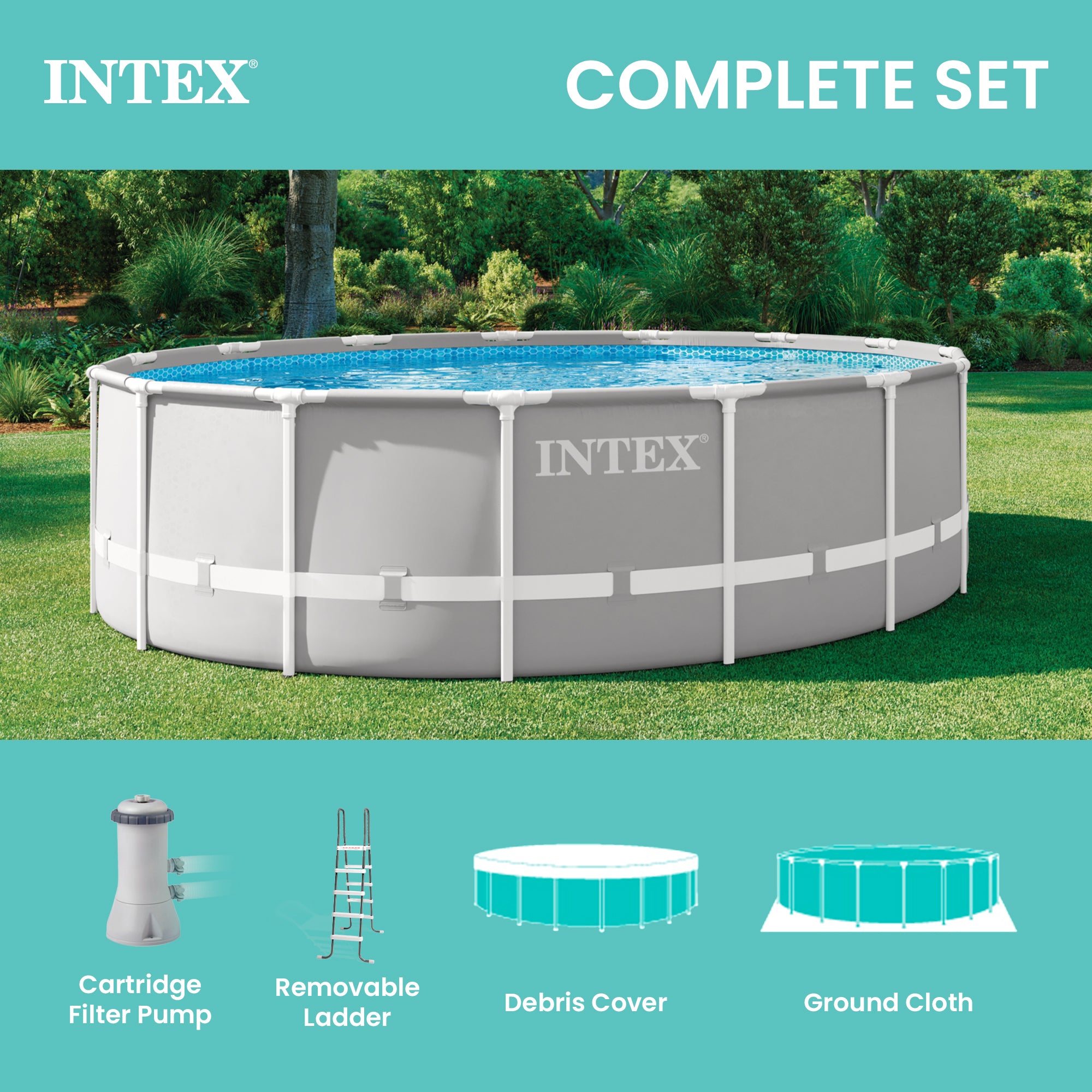 Intex 15 Foot x 48 Inch Prism Above Ground Pool Set & Ladder and Cover(Open Box)
