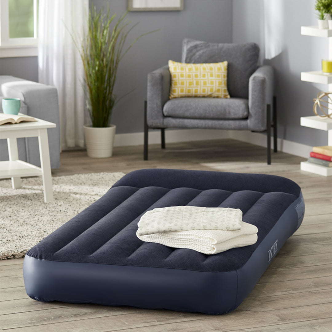 Intex Dura Beam Pillow Rest Classic Blue Standard Airbed w/ Built In Pump, Twin