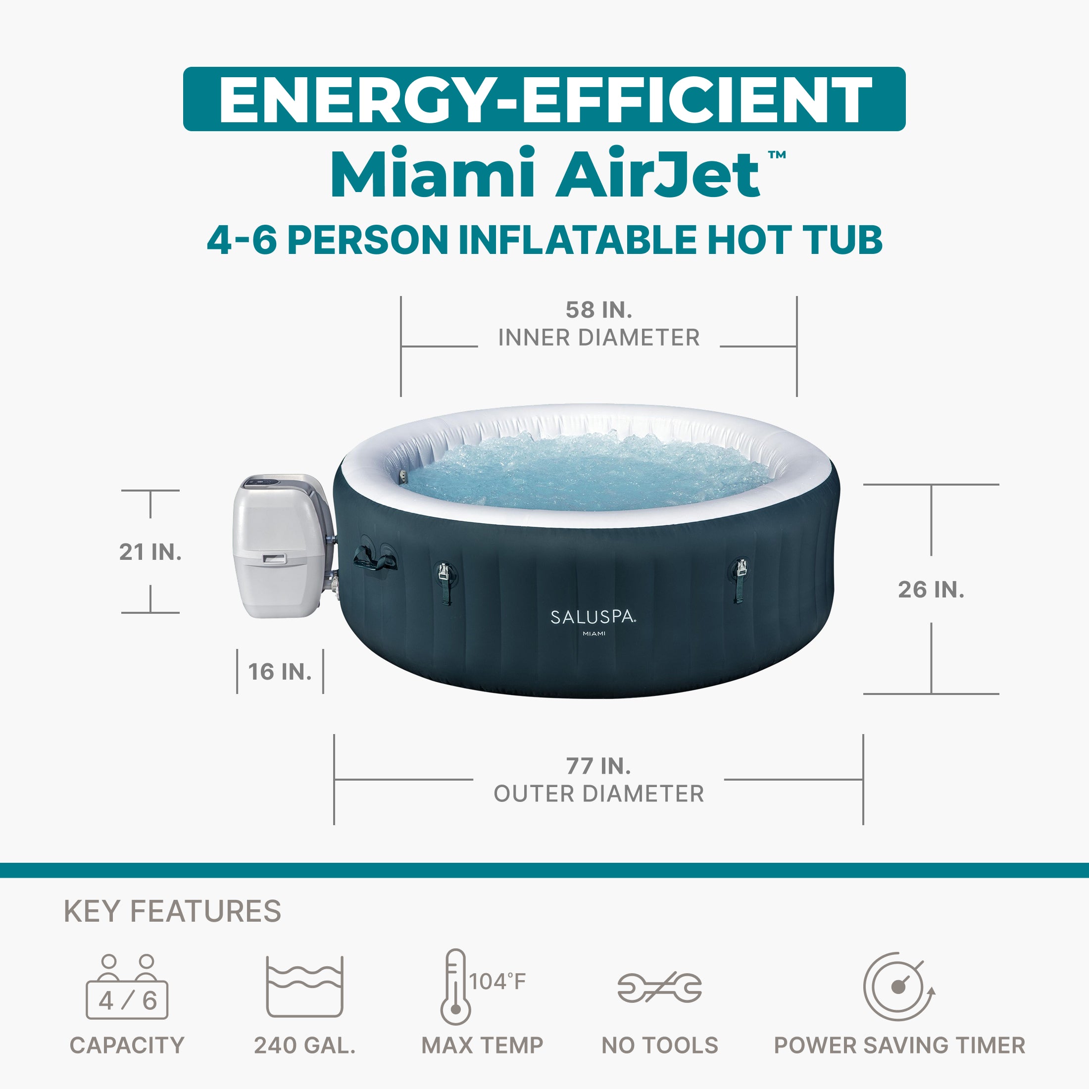 Bestway SaluSpa Miami AirJet 4-6 Person Inflatable Hot Tub w/ EnergySense Cover - VMInnovations
