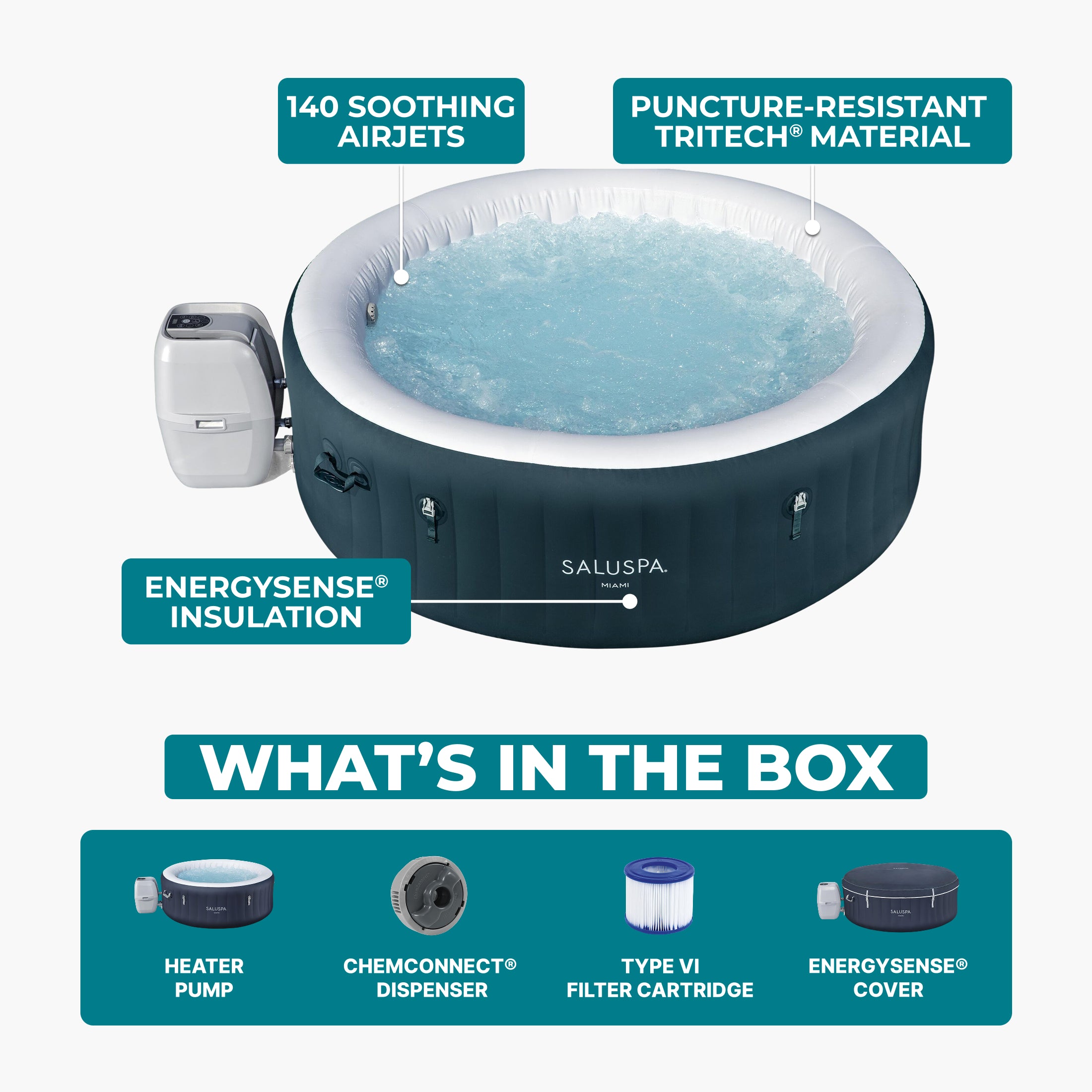 Bestway SaluSpa Miami AirJet 4-6 Person Inflatable Hot Tub w/ EnergySense Cover - VMInnovations