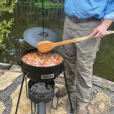 Bayou 5 Gallon Seasoned Cast Iron Jambalaya Cooking Pot, Lid, & Steel Stand Set
