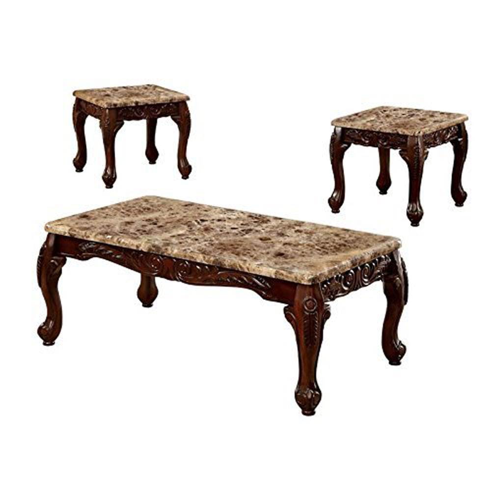 Furniture of America Faux Marble 3 Piece Table, Dark Oak/Ivory (Open Box)
