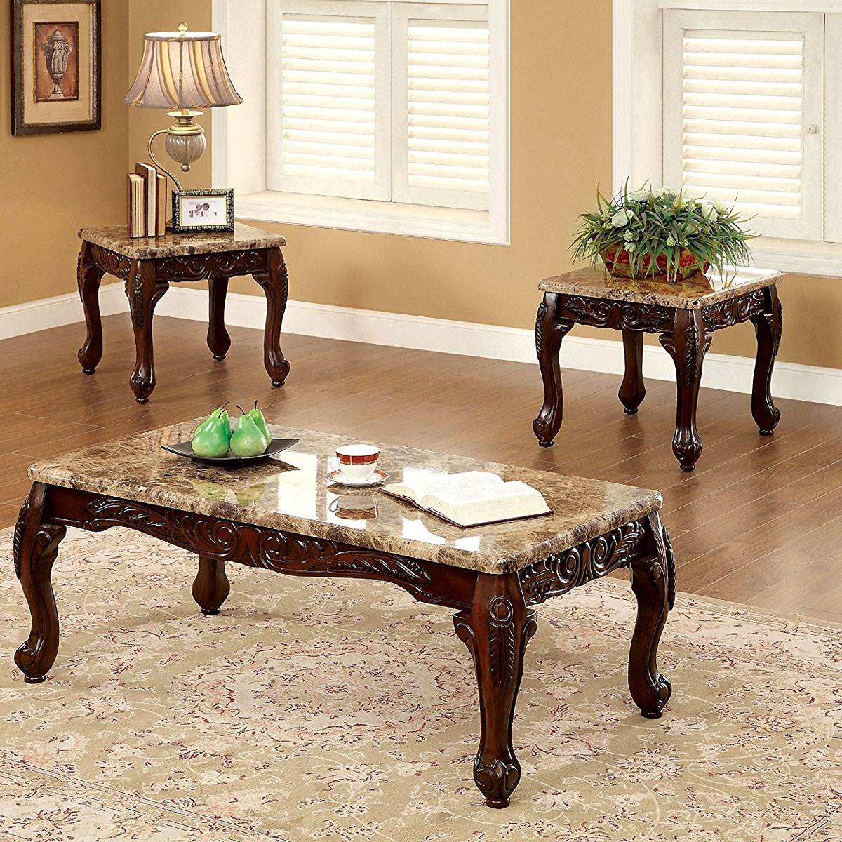Furniture of America Faux Marble 3 Piece Table, Dark Oak/Ivory (Open Box)