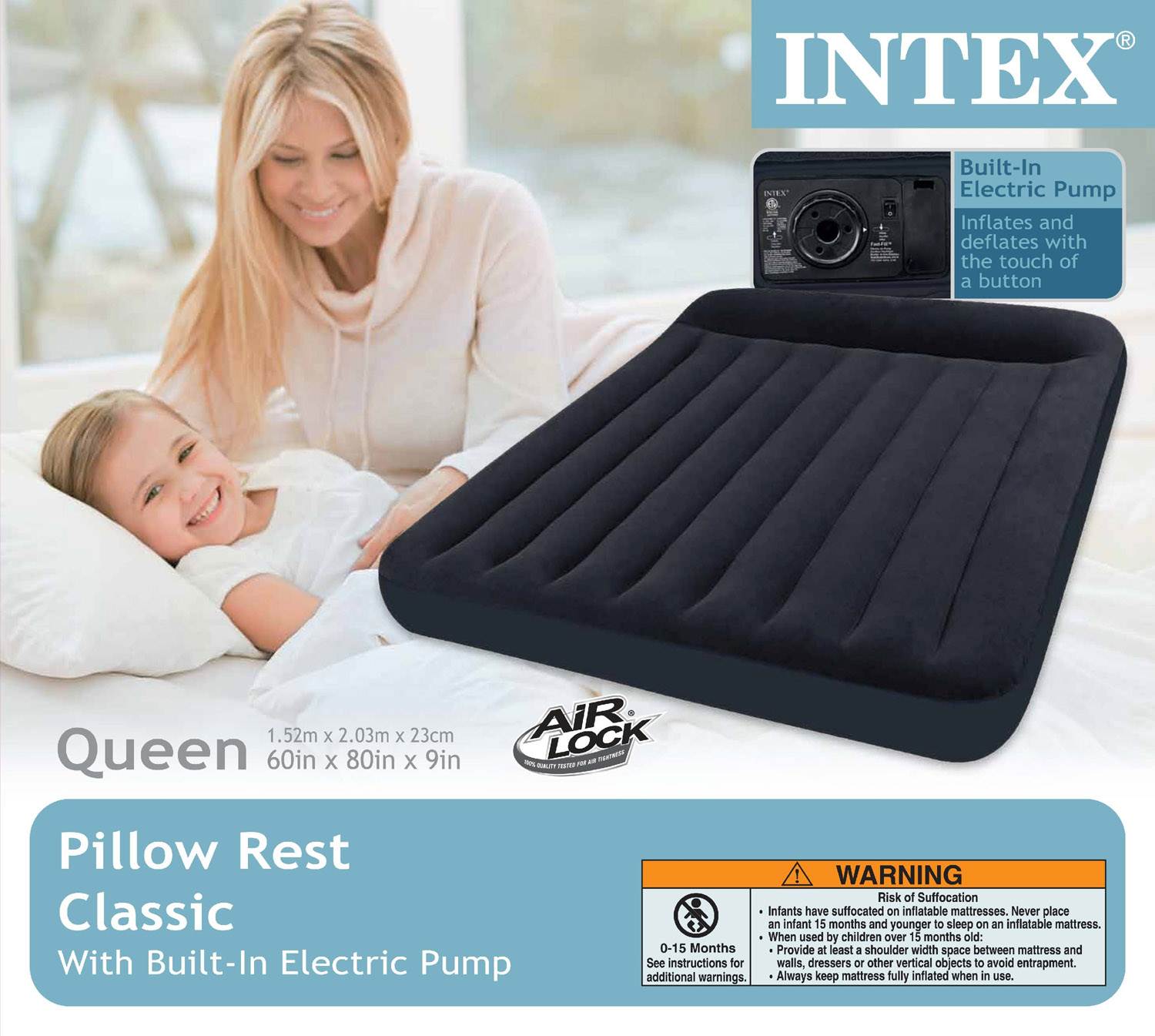 Intex Queen Classic Pillow Rest Airbed Air Mattress with Built-In Pump (2 Pack)