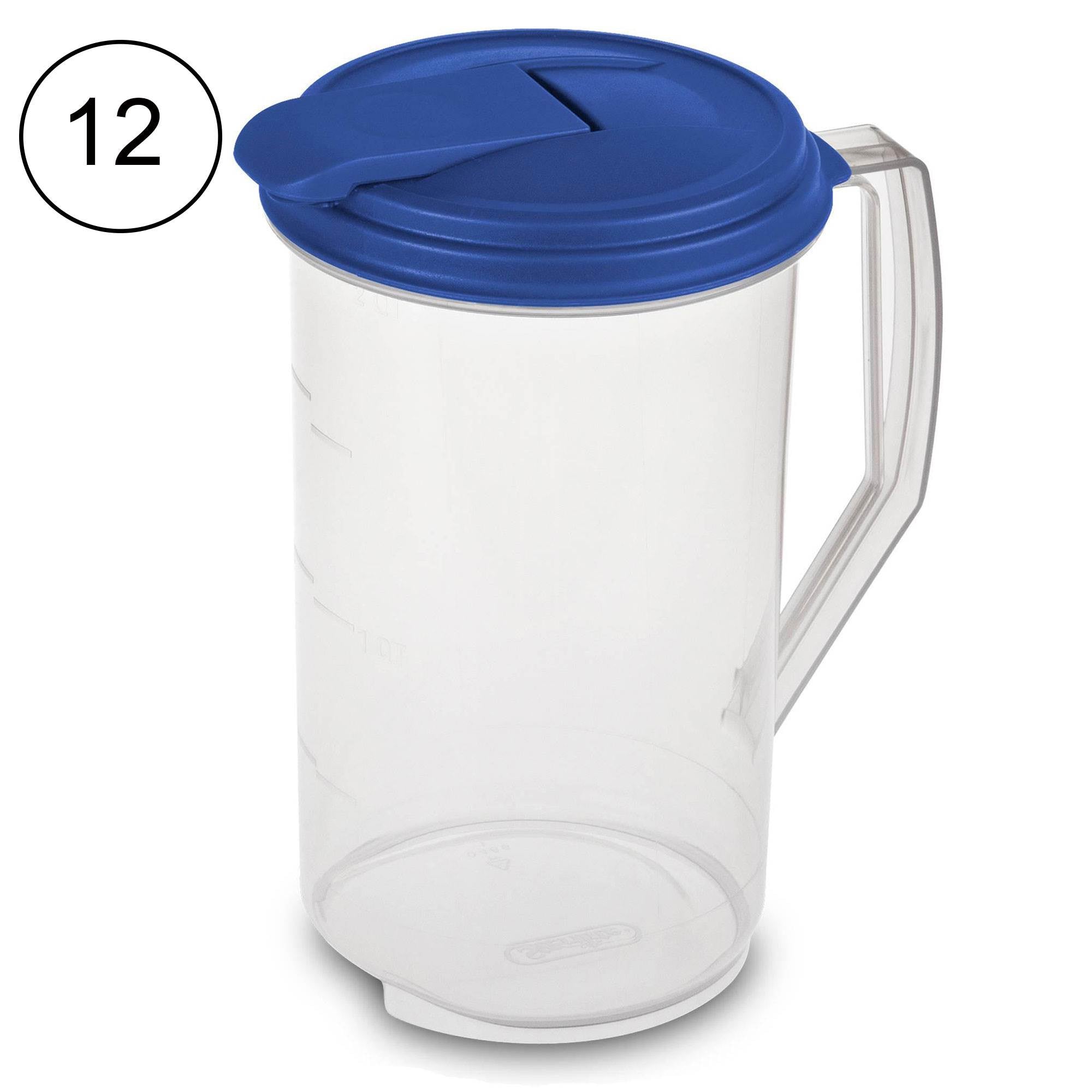 Sterilite 2 Quart Round Plastic Hinged Pitcher with Sky Blue Lid (12 Pack)