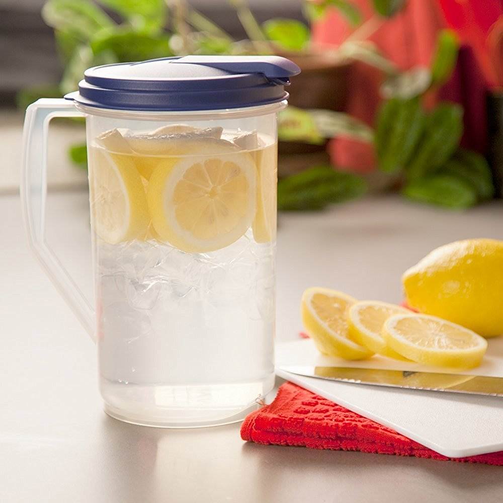 Sterilite 1-Gallon Round Pitcher, Clear with Blue Lid & Hinged Spout (12 Pack)