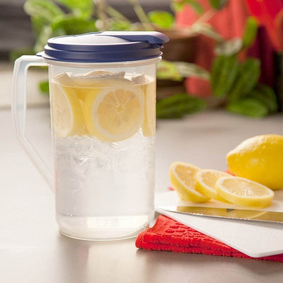 Sterilite 1-Gallon Round Pitcher, Clear with Blue Lid & Hinged Spout (12 Pack)
