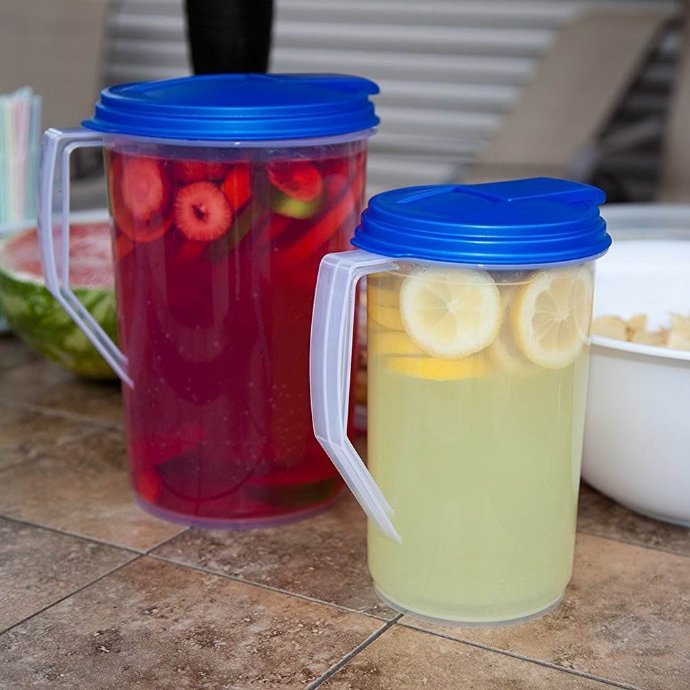Sterilite 1-Gallon Round Pitcher, Clear with Blue Lid & Hinged Spout (12 Pack)