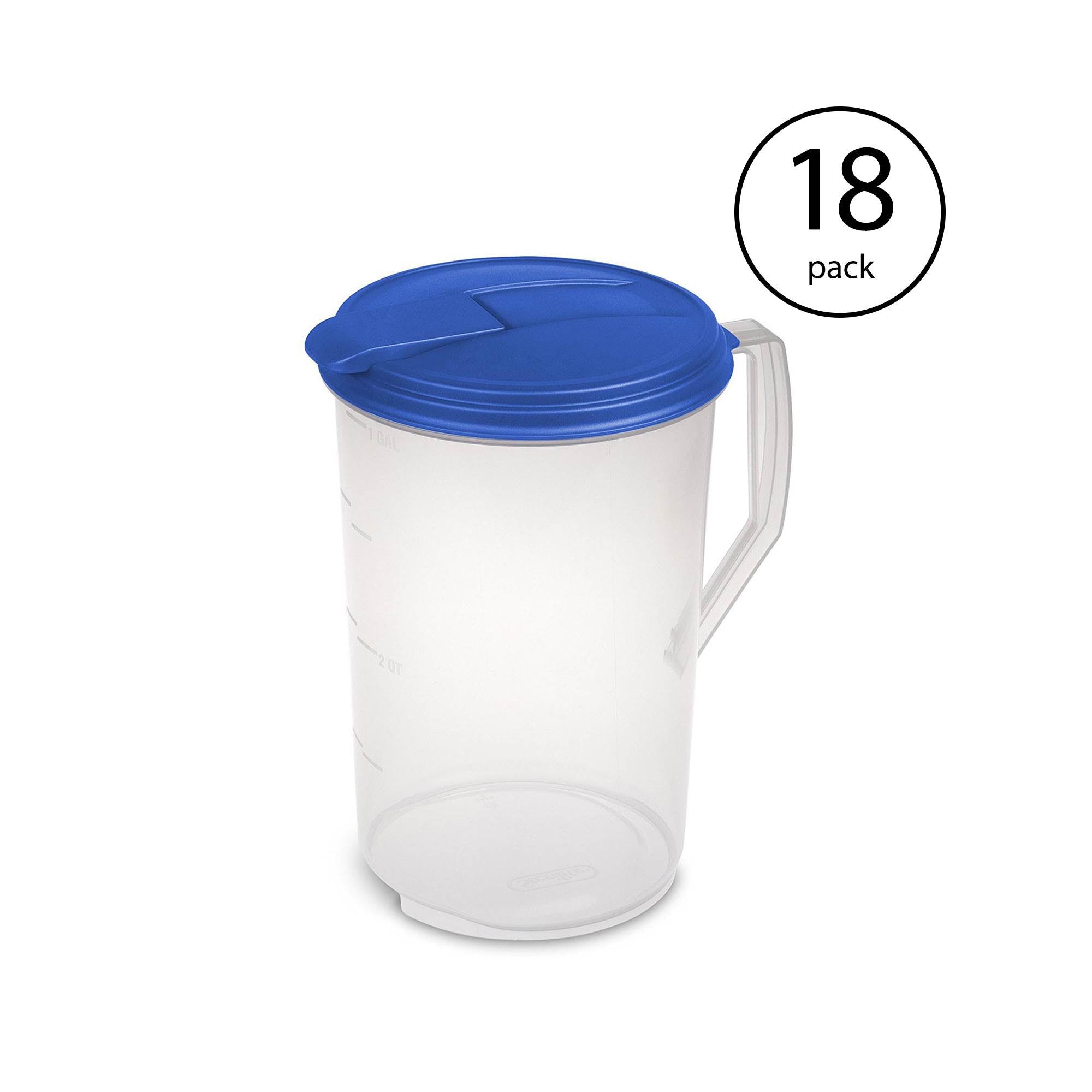 Sterilite 1-Gallon Round Pitcher, Clear with Blue Lid & Hinged Spout (18 Pack)