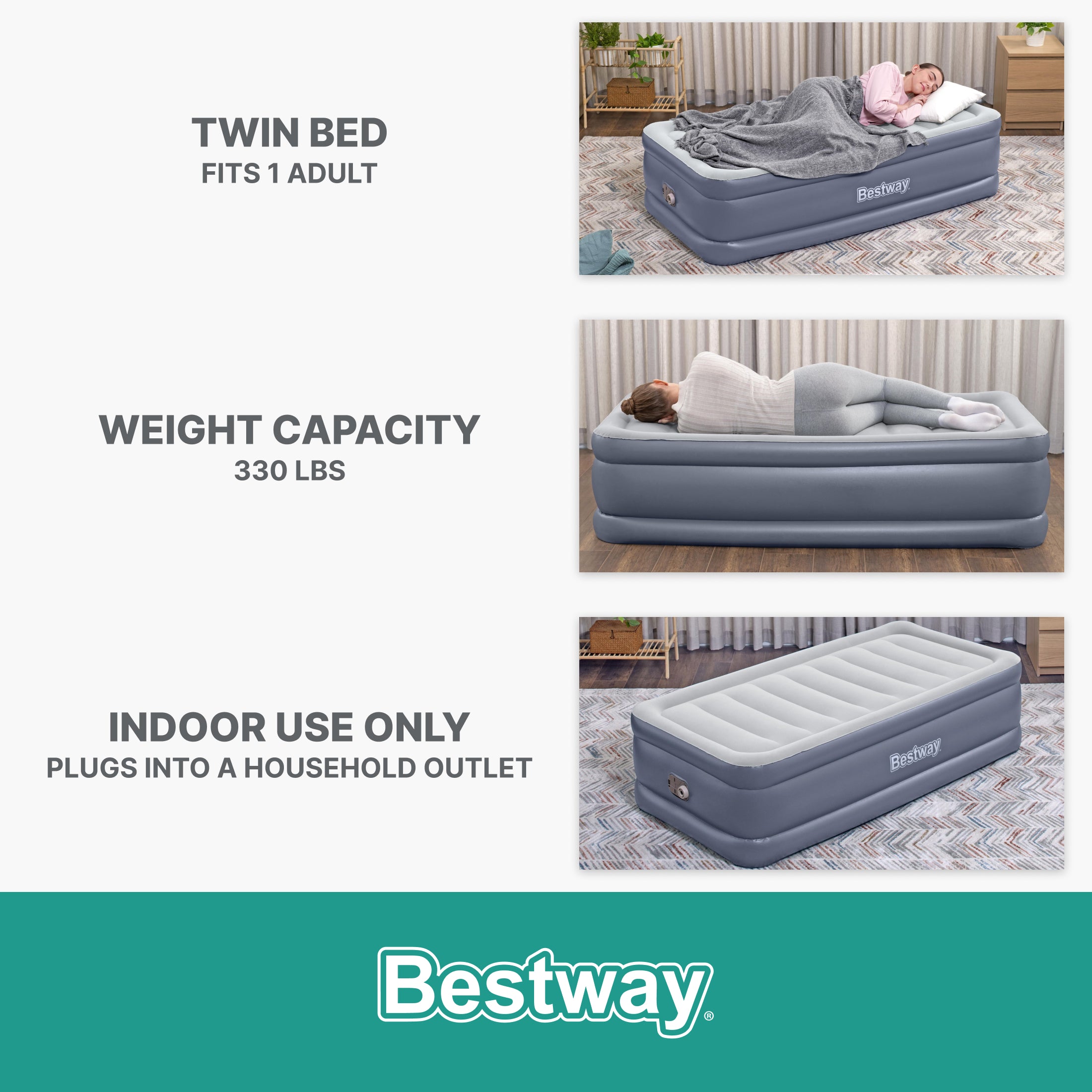 Bestway Tritech Air Mattress Inflatable Twin-Sized Bed with Built-In AC Pump