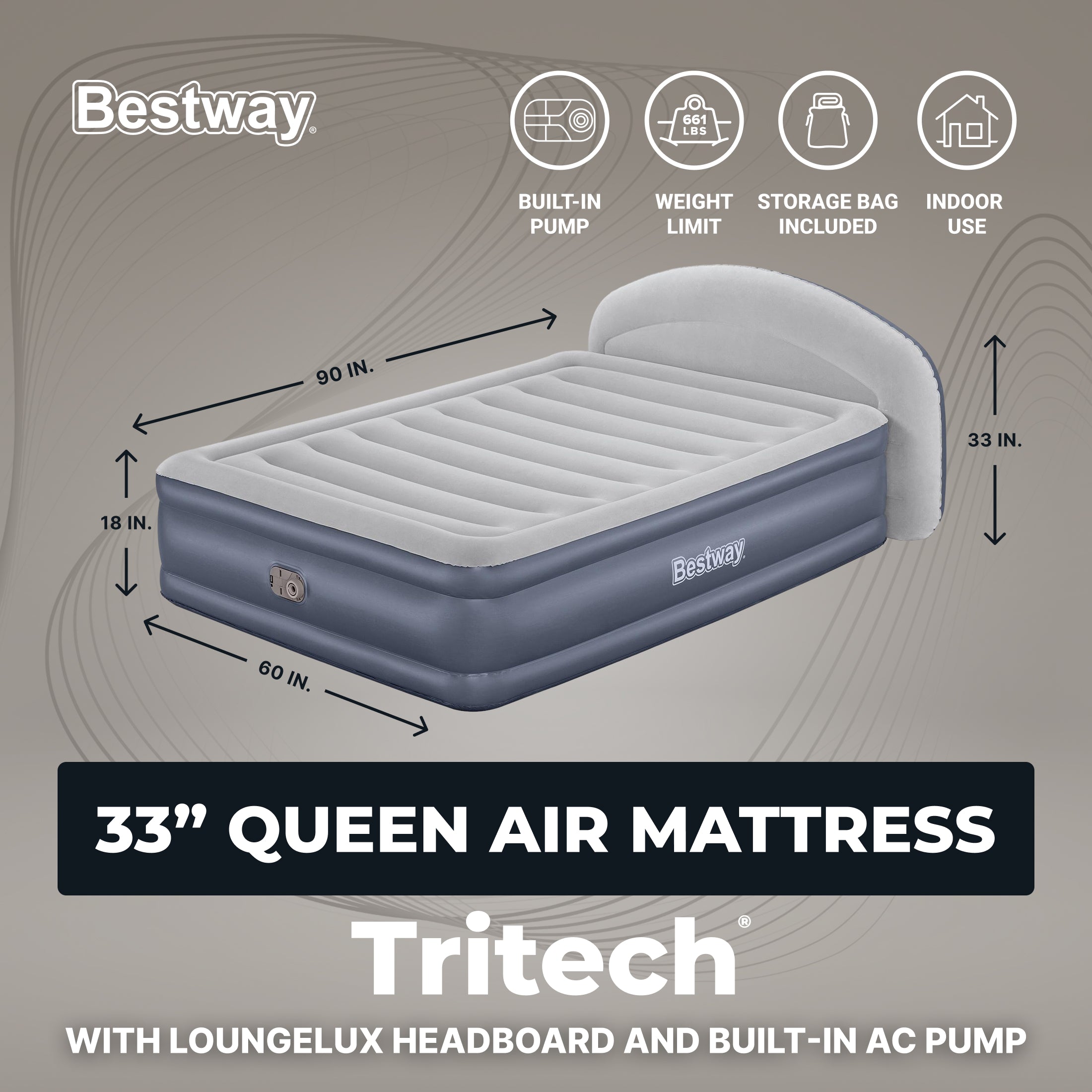 Bestway Tritech LoungeLux Headboard 33" Queen Air Mattress with Built-in AC Pump