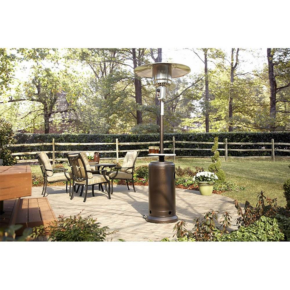AZ Patio Tall Propane Outdoor Wheeled Patio Heater with Table, Hammered Bronze