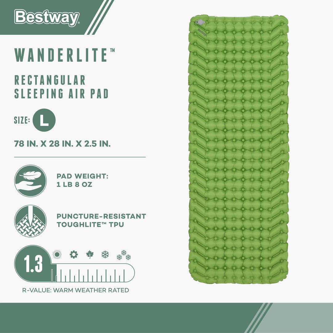 Bestway WanderLite Large Rectangular Sleeping Air Pad with Storage Bag, Green