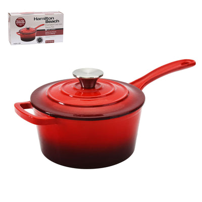 Hamilton Beach 2 Quart Enameled Coated Cast Iron Round Sauce Pan, Red (Open Box)