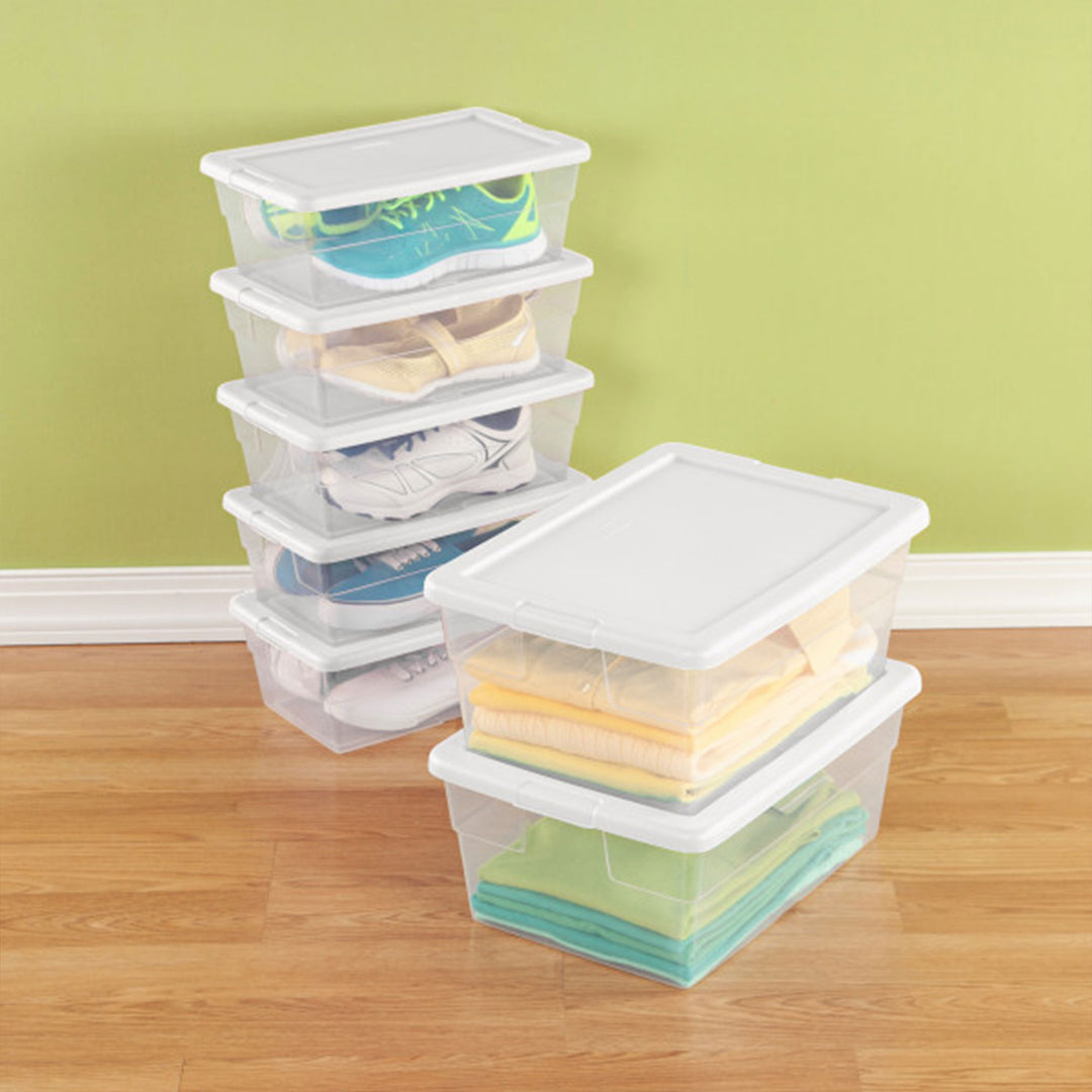 Sterilite 6 Quart Clear Stacking Storage Tote Container with White Lid (48 Pack)