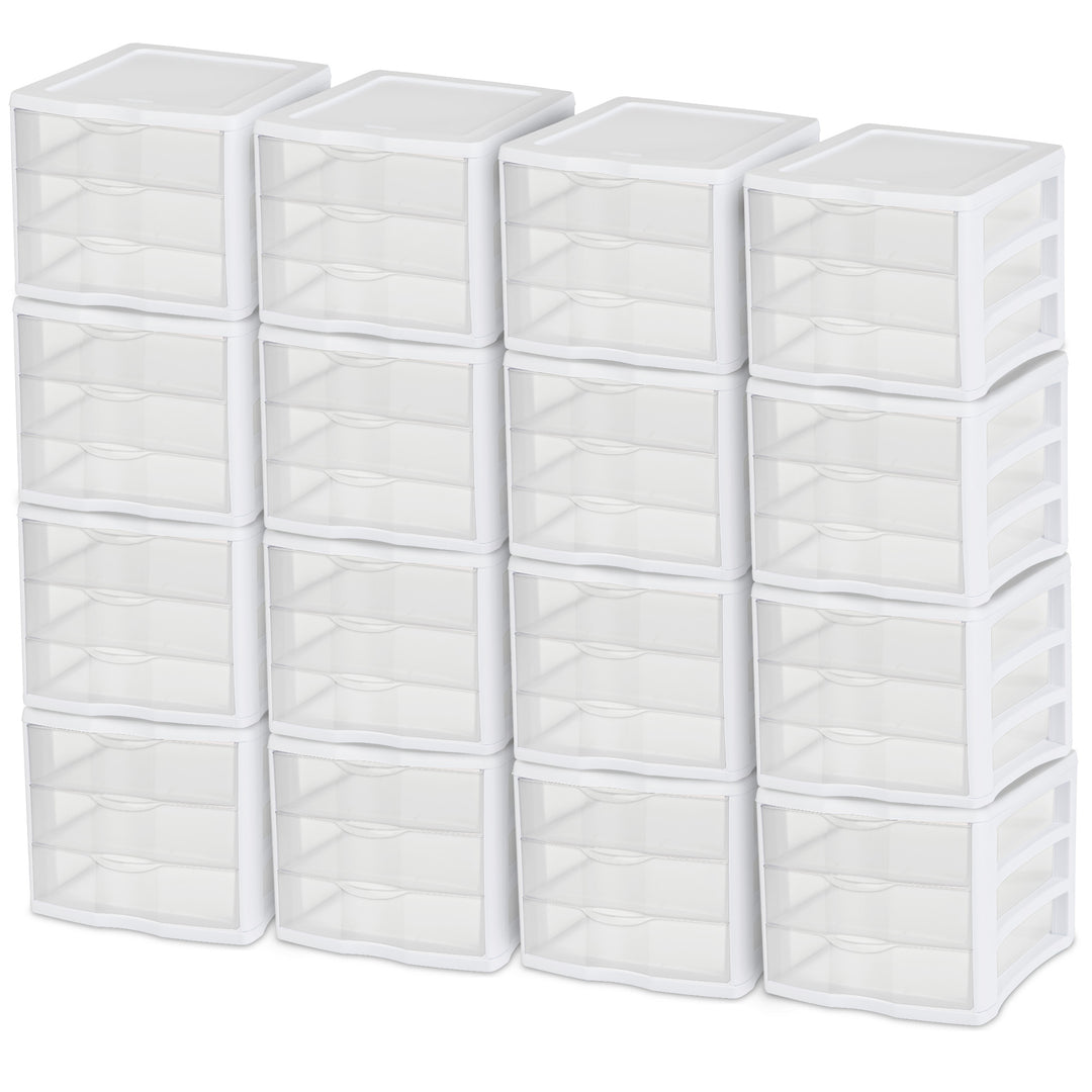 Sterilite ClearView Compact Stacking 3 Drawer Storage Organizer System, 16 Pack