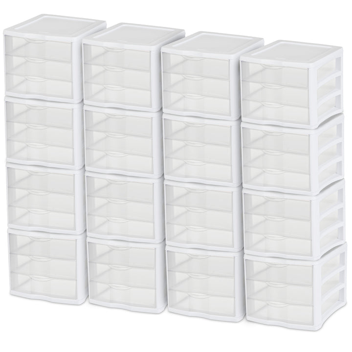 Sterilite ClearView Compact Stacking 3 Drawer Storage Organizer System, 16 Pack